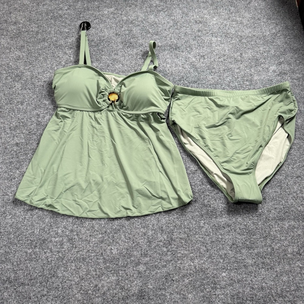 NWT Sage Green 2-Piece Tankini Swimsuit Set Gold Seashell O-Ring High Waist Sz L